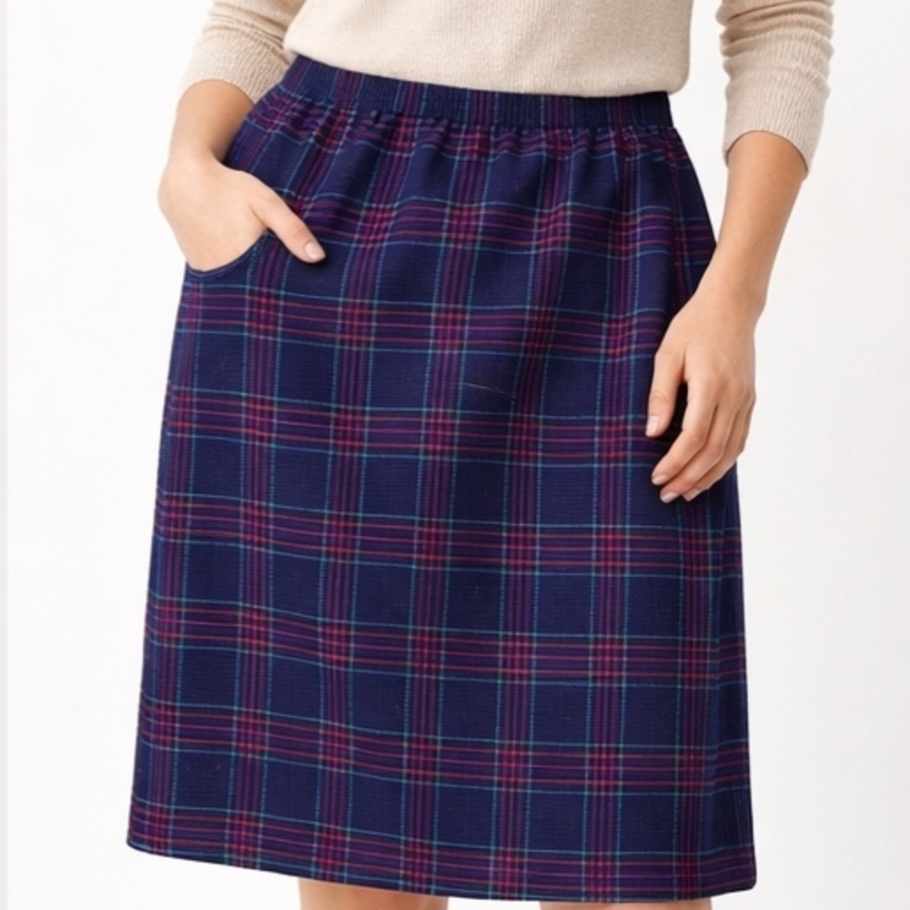Vintage Blair Plad Midi Skirt LARGE MADE IN USA Wool BLEND Purple Preppy 90s